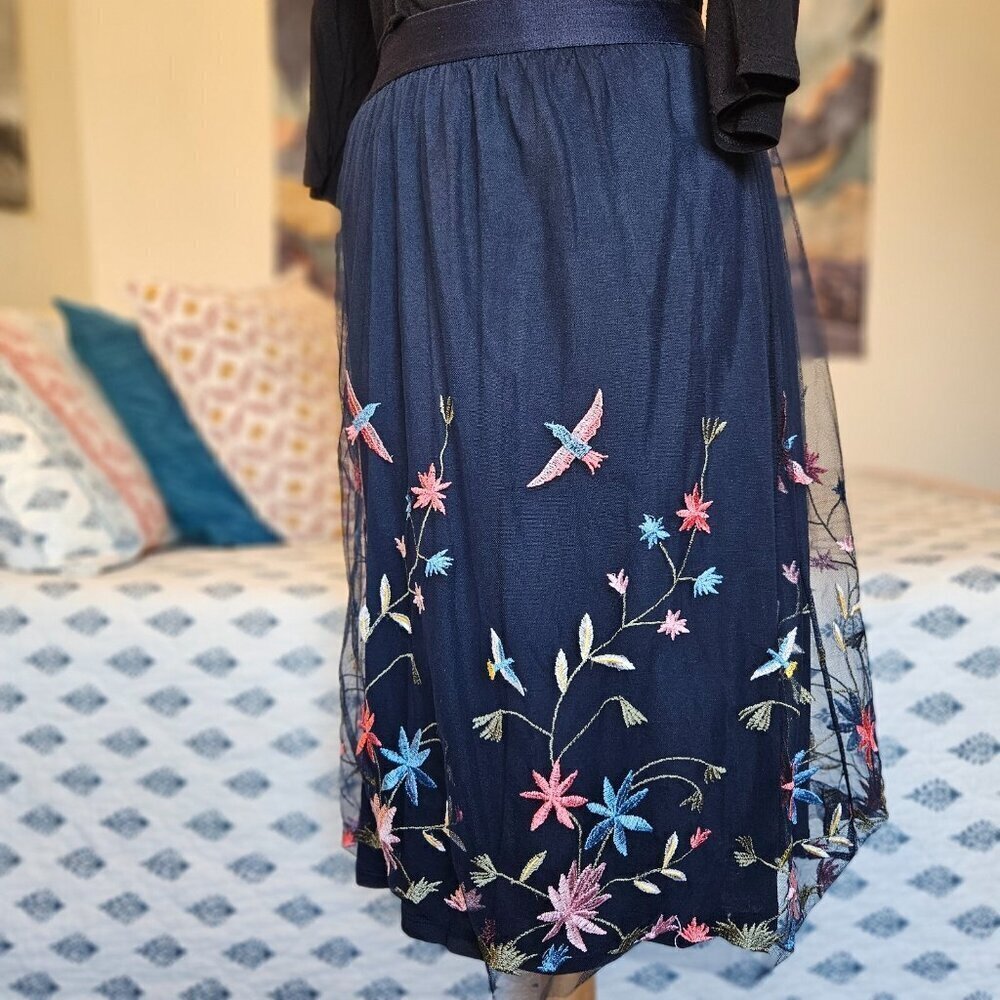 Reserved Navy Embroidered Floral Tulle Midi Skirt S - Picture 2 of 14